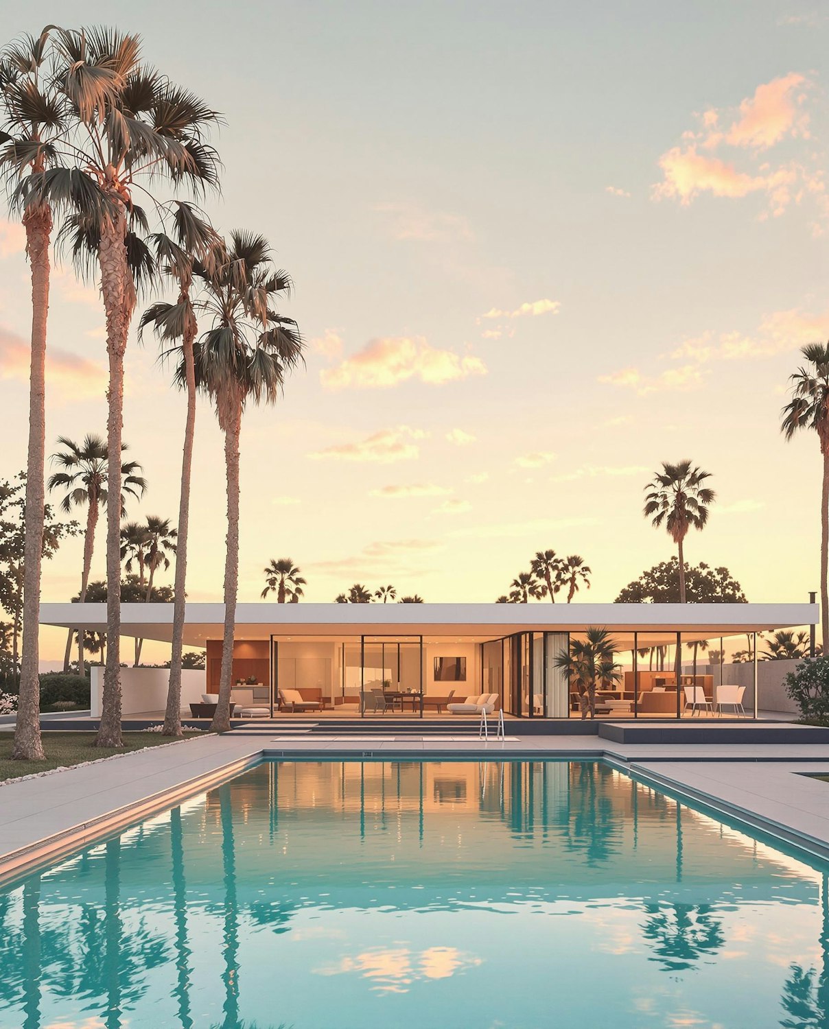 Single-storey modern house with full-height glazing behind a long swimming pool and tall palm trees at sunset