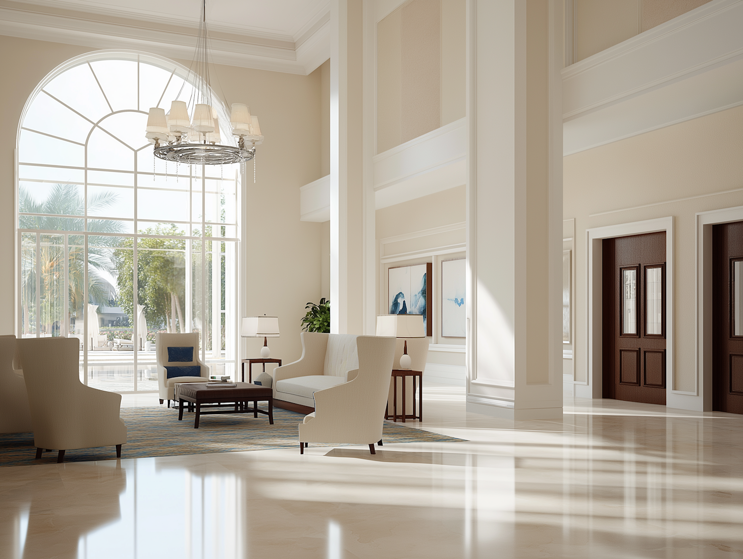 Grand hotel lobby with an arched window, a chandelier, cream armchairs and a polished marble floor
