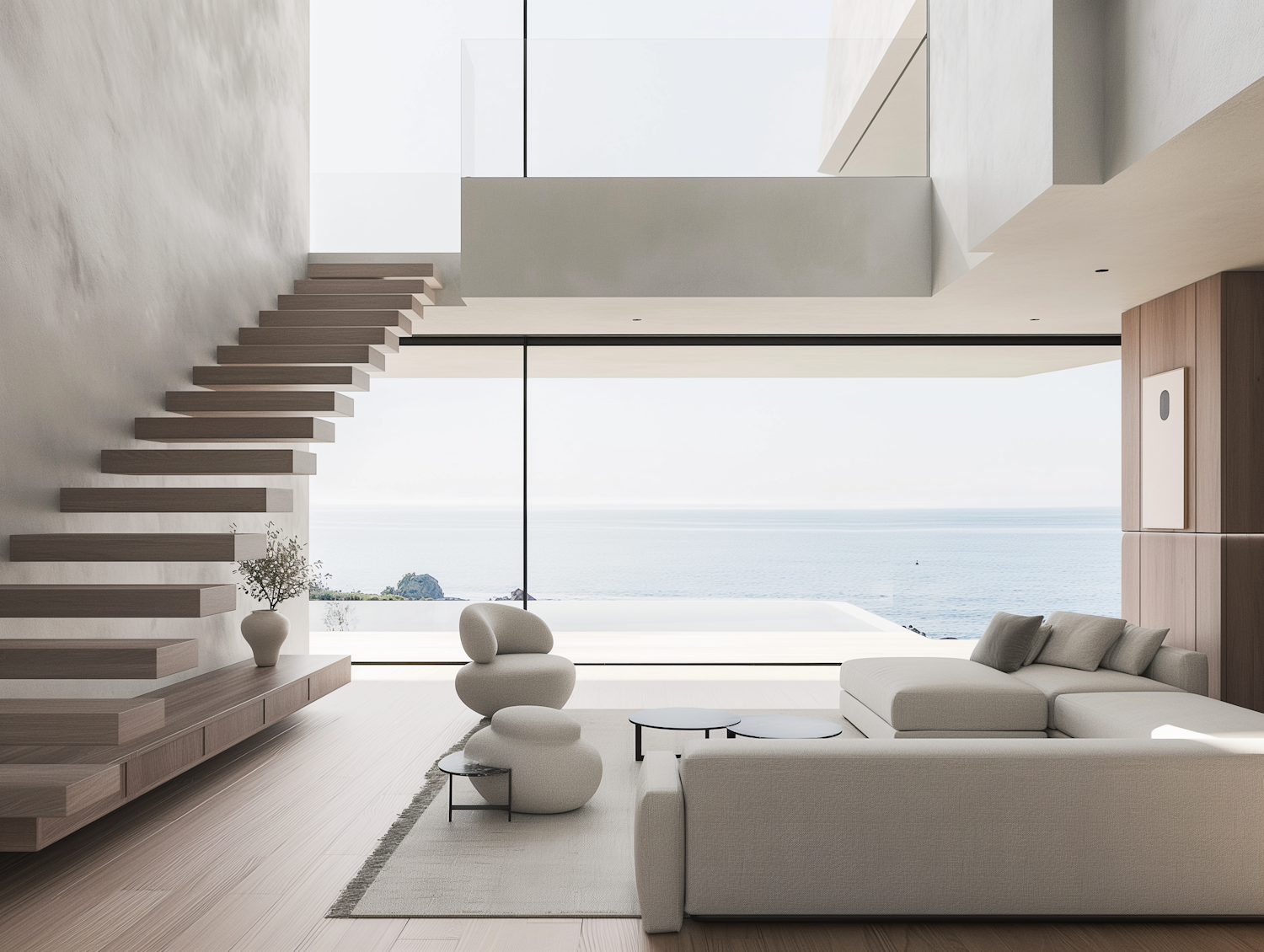Bright double-height living room with a floating timber staircase, white sofas and a floor-to-ceiling window onto the sea