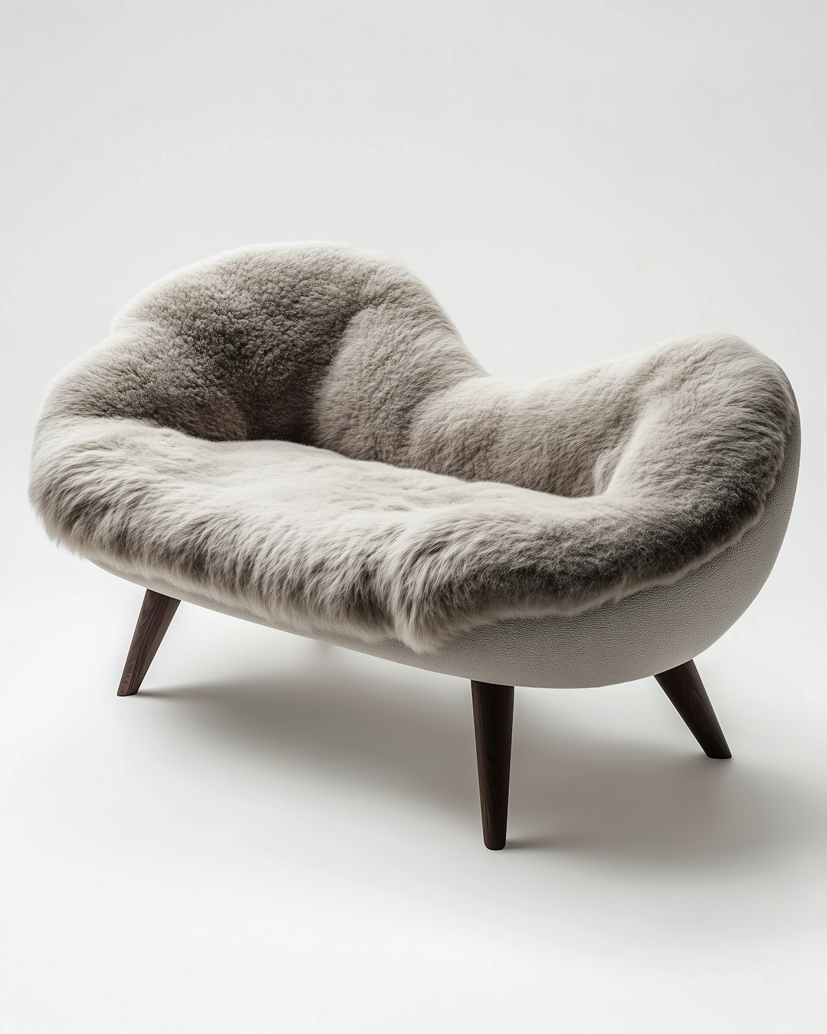 Curved loveseat upholstered in grey sheepskin on dark tapered wooden legs against a white background