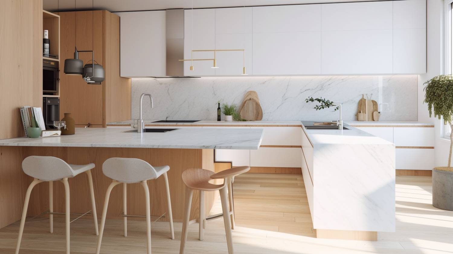 Modern kitchen with white handleless cabinets, a marble island, light oak joinery and bar stools