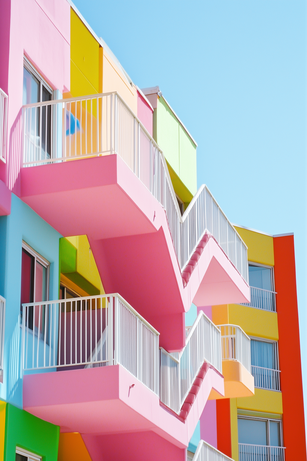 Colourful apartment building with pink balconies, white railings and yellow and orange facade panels under a blue sky