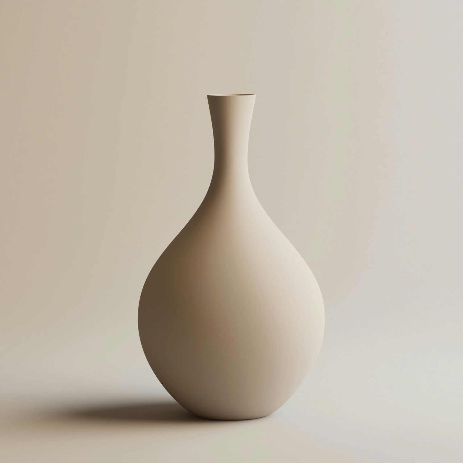 Matte beige ceramic vase with a round body and a slender neck on a soft neutral background